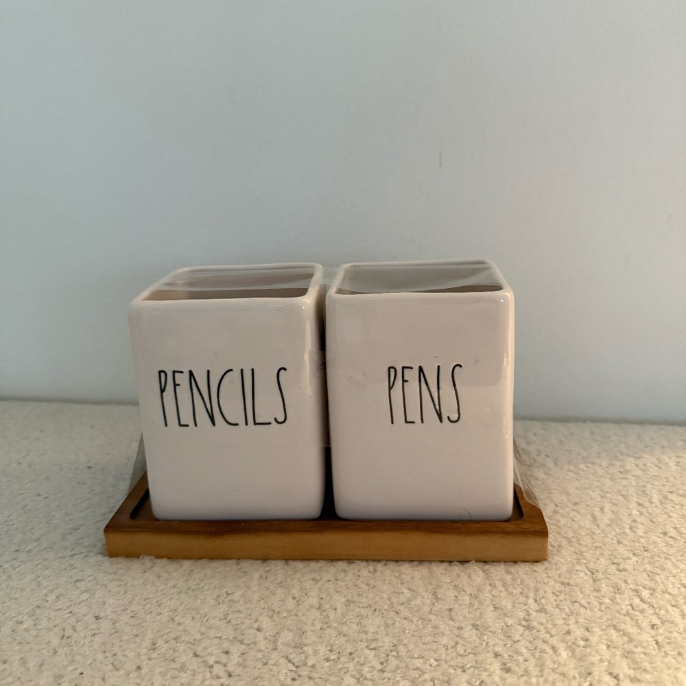 Rae Dunn pens and pencils holder - ceramic - wood tray - farmhouse style
